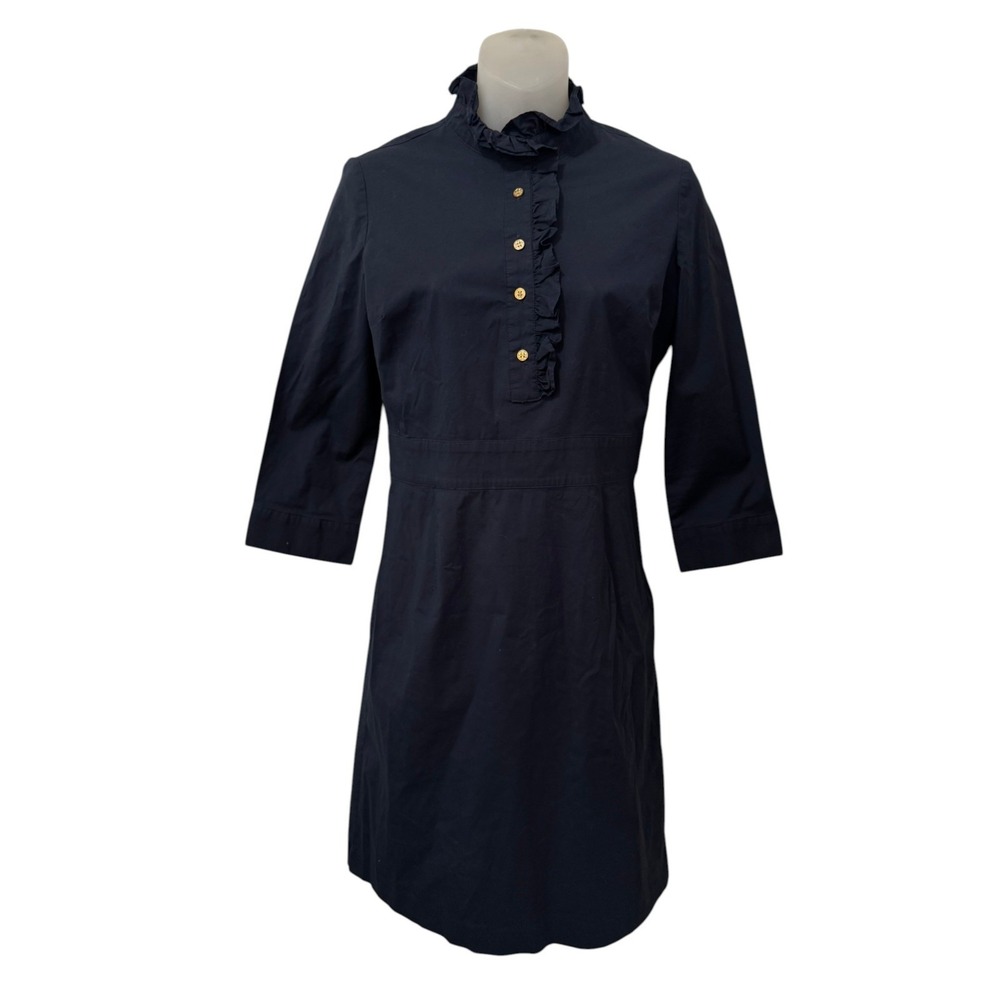 Tory Burch Navy Ruffle Shirt Dress Gold Buttons 3/4 Sleeve Sz 4